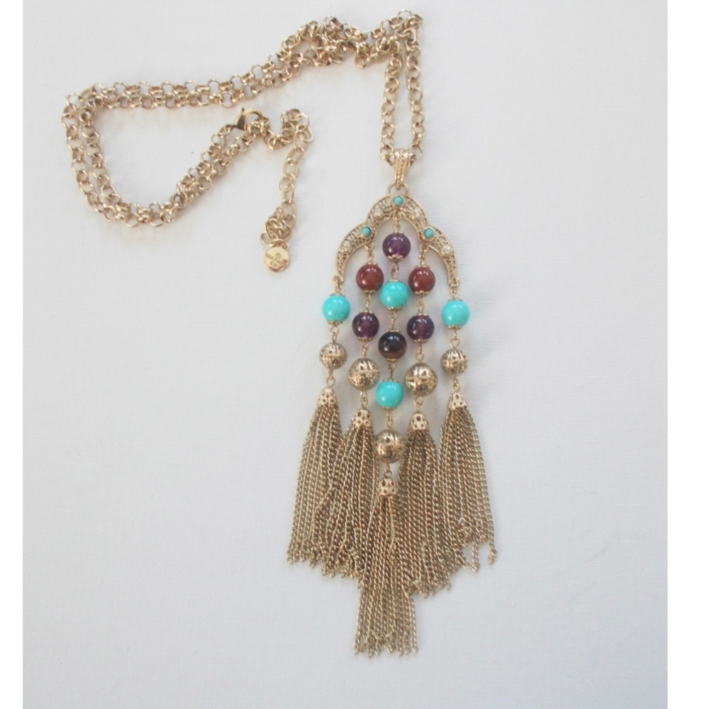 Graziani Vintage Statement Tassel Necklace - Gold Tone, Glass & Bead Detailing,